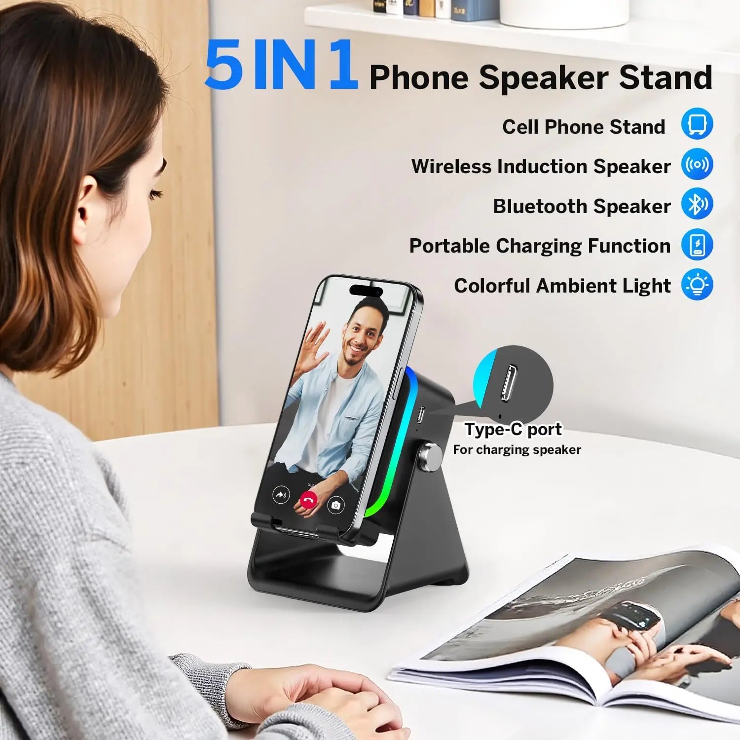 (upgraded)5 In 1 Auto-induction 5000mAh Wireless Induction Speaker 8 RGB Lights HIFI Sound Portable Bluetooth Phone Holder Gifts