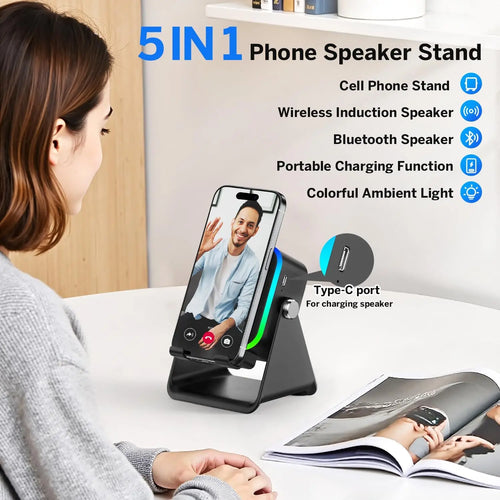 (upgraded)5 In 1 Auto-induction 5000mAh Wireless Induction Speaker 8 RGB Lights HIFI Sound Portable Bluetooth Phone Holder Gifts